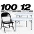 Chivari 100 Black Metal Folding Chairs + 12 Plastic Round Table Kit CFMBL-100-12RD-KT