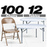 Chivari 100 Brown Metal Folding Chairs + 12 Plastic Round Table Kit CFMBR-100-12RD-KT