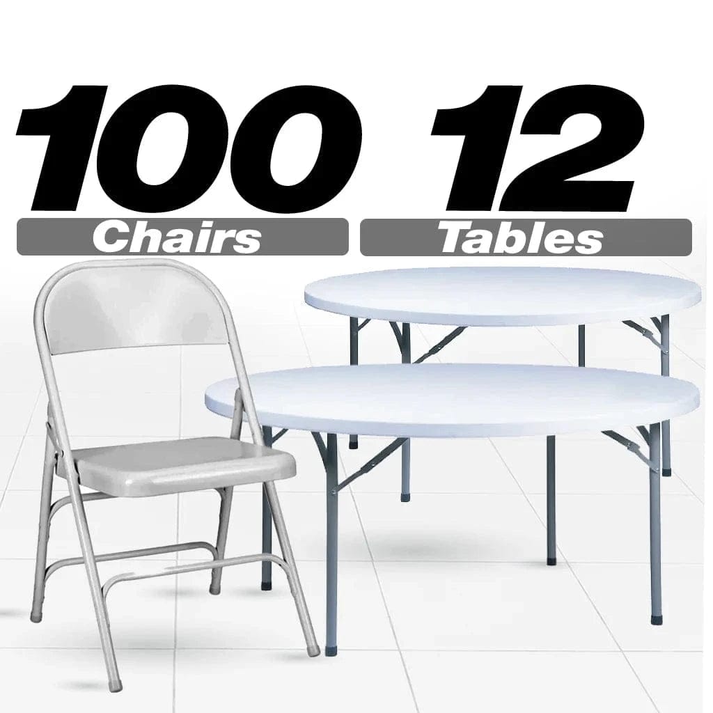 Chivari 100 White Metal Folding Chairs + 12 Plastic Round Table Kit CFMW-100-12RD-KT