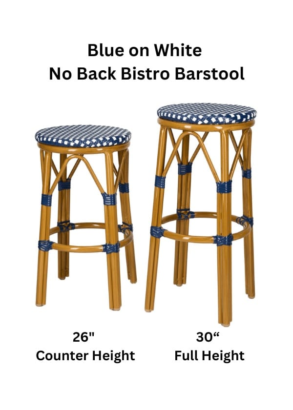 Toulouse Blue on White 30" Full Height No Back Bistro Barstool BFNBPBLU-AX-T