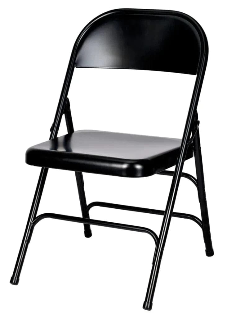 Chivari 100 Black Metal Folding Chairs + 12 Plastic Round Table Kit CFMBL-100-12RD-KT