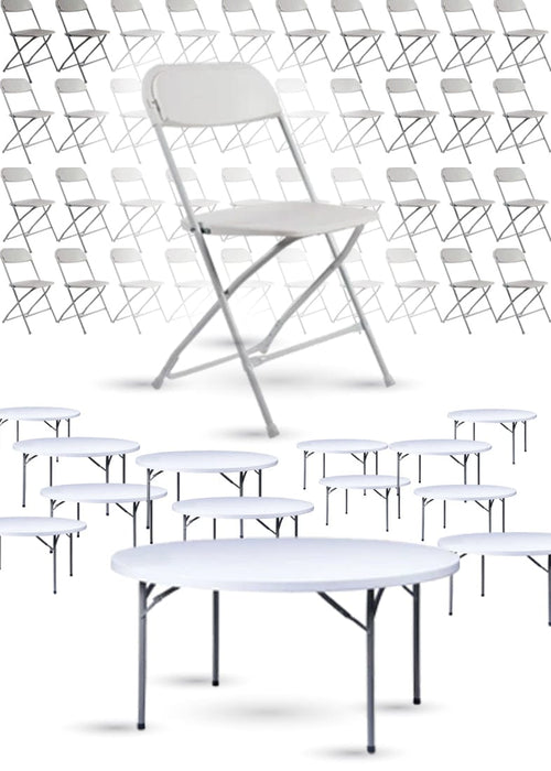 100 Poly Folding Chairs + Twelve 60" Heavy-Duty Rounds