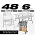 Chivari 48 White Metal Folding Chairs + 6 Heavy Duty Plastic 72x30 Banquet Tables + Hybrid Folding Chair and Banquet Table Cart CFMW-48-6RT-KT