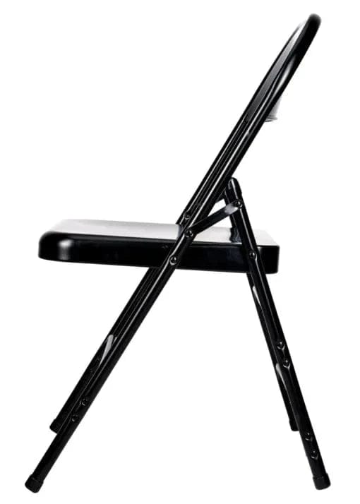 Chivari 100 Black Metal Folding Chairs + 12 Plastic Round Table Kit CFMBL-100-12RD-KT