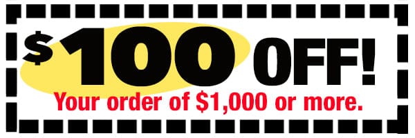 Promotional banner with '$100 OFF' offer for orders over $1,000.
