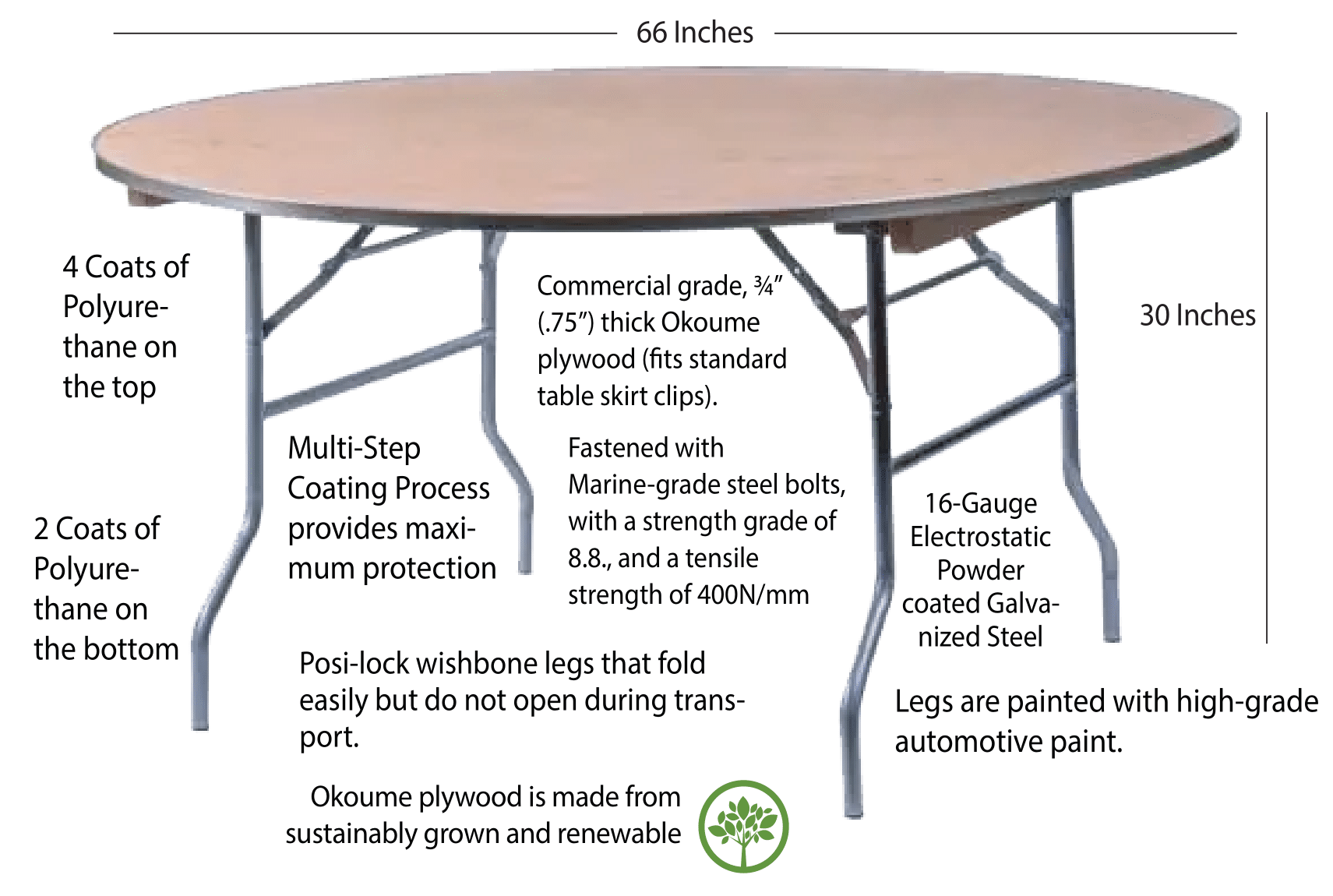 5.5 Foot (66") Round Heavy Duty Plywood Folding Banquet Table with Metal Edges by Chivari : TPLYRD66M-AX-T