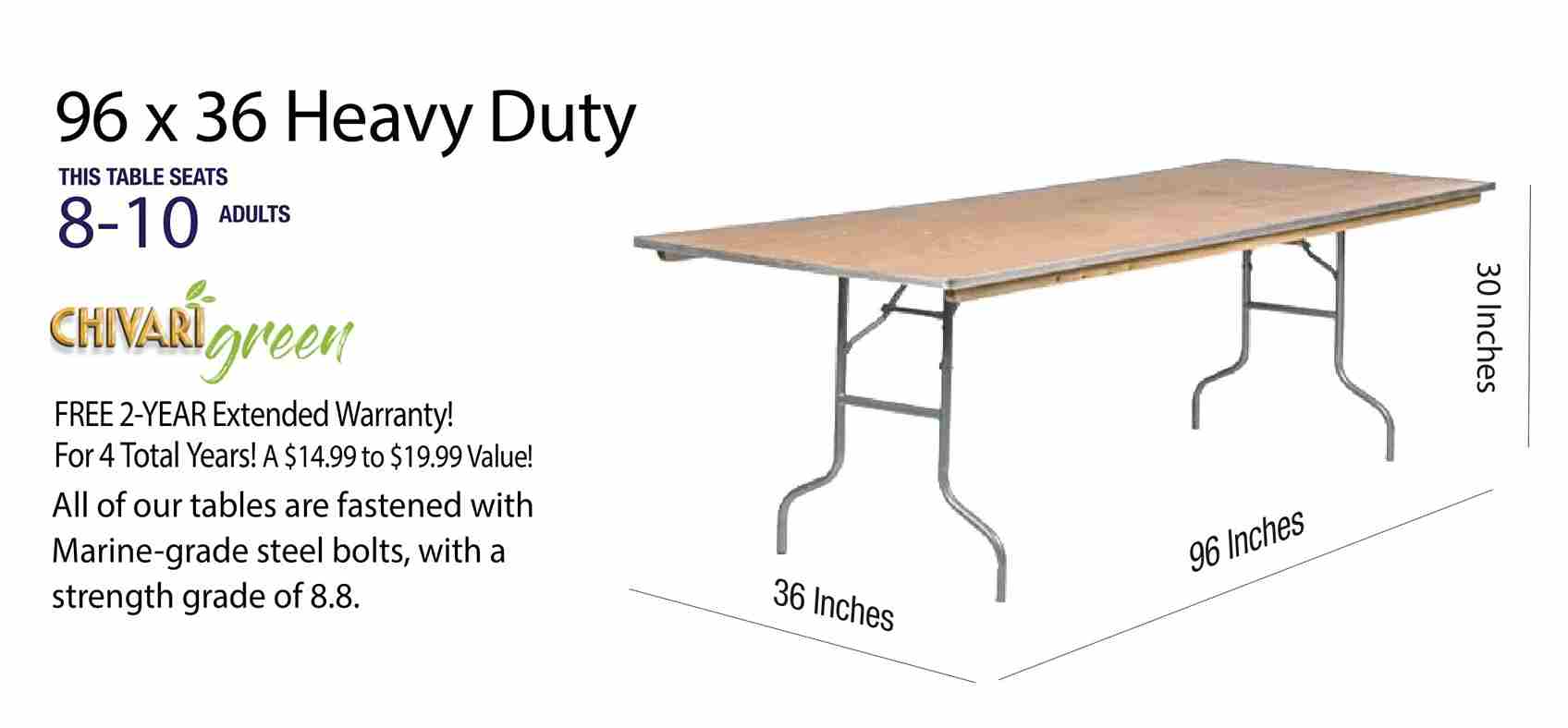 Chivari 96" x 36" (8 Foot) Rectangle Heavy Duty Plywood Folding Table TPLYRT9636MG-AX-T