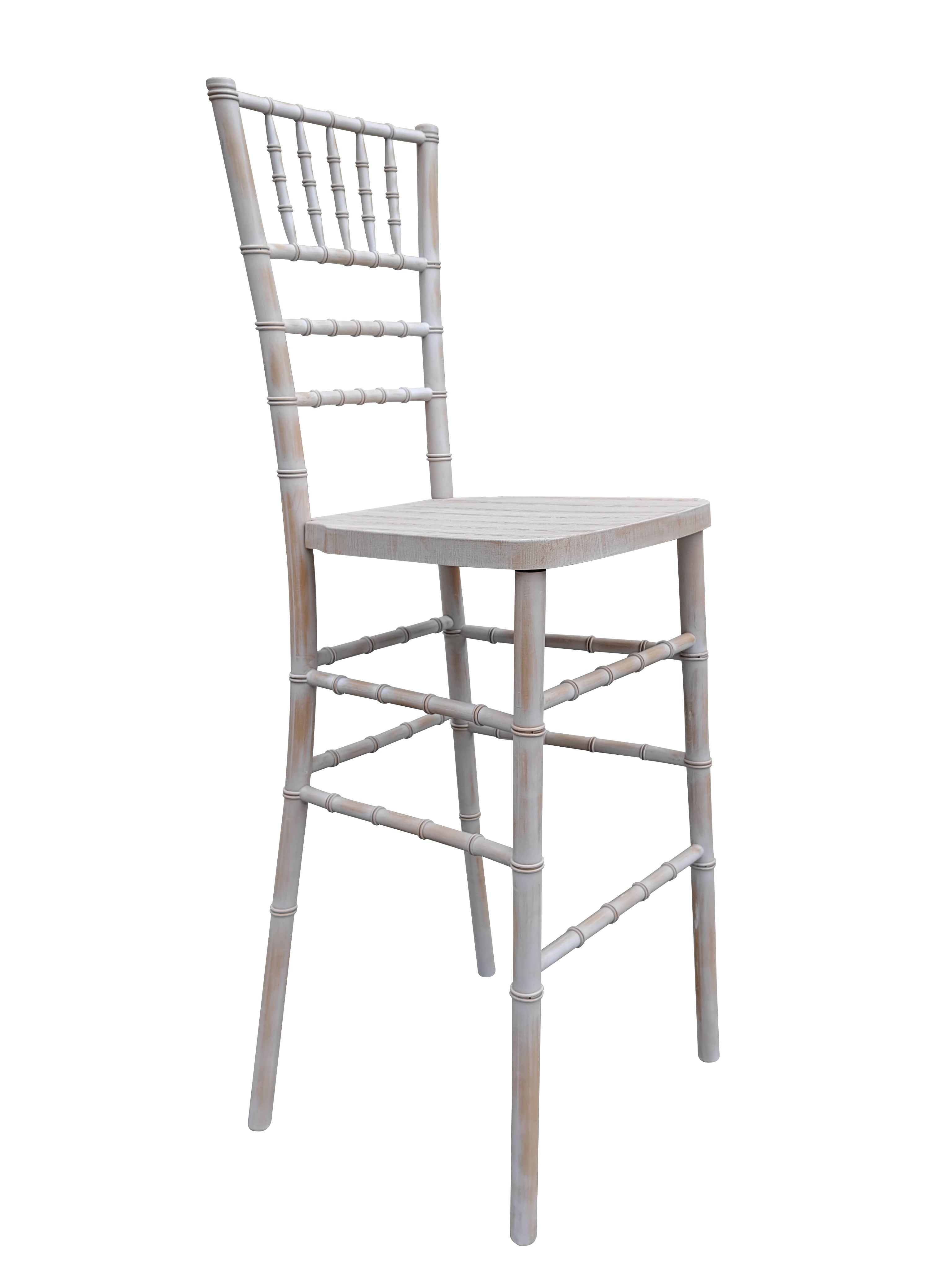 White Distressed with Brushed Wood Look Resin Steel Skeleton™ Chiavari Barstool