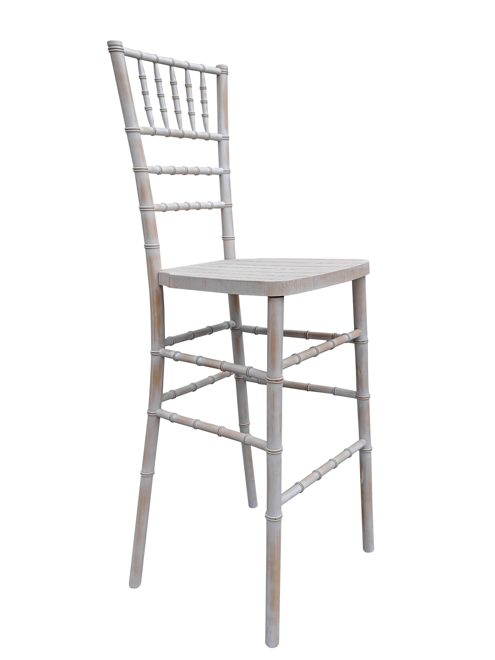 White Distressed with Brushed Wood Look Resin Steel Skeleton™ Chiavari Barstool