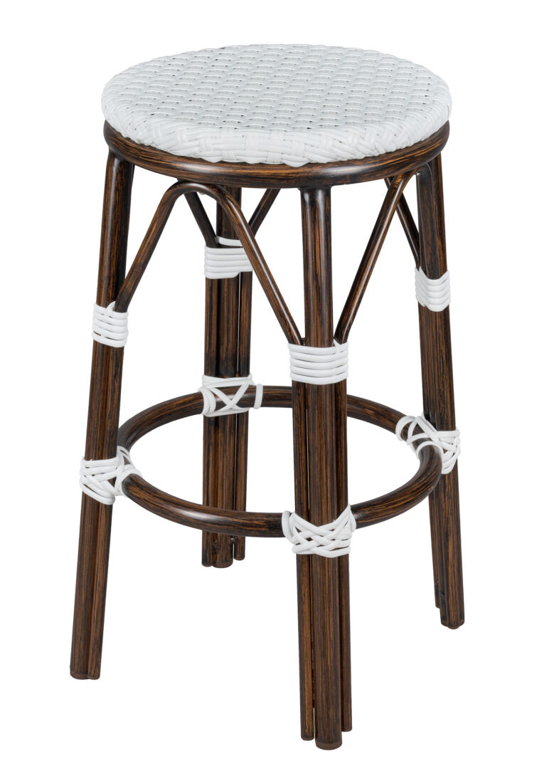 Bistro Bar Stool, No Back, 26" Counter Height PE Rattan, White on White Dark Pipe BCNBPWD-AX-T