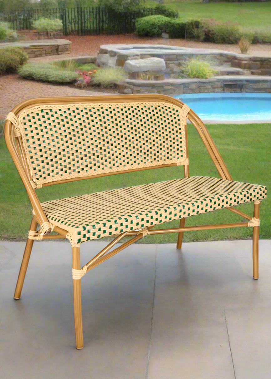 Beige on Green Light Pipe Bistro Bench Seats 2 PE Rattan