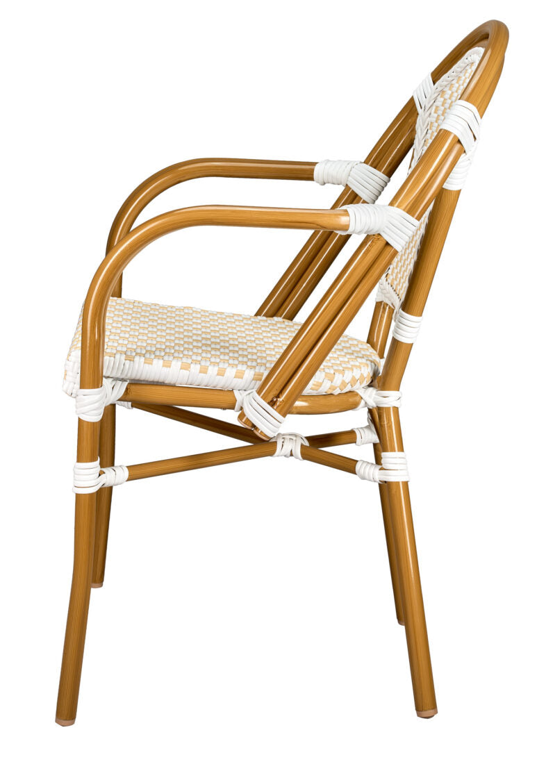 White and Beige with Arms, French Bistro Patio Dining Chair CBPAWB-AX-T