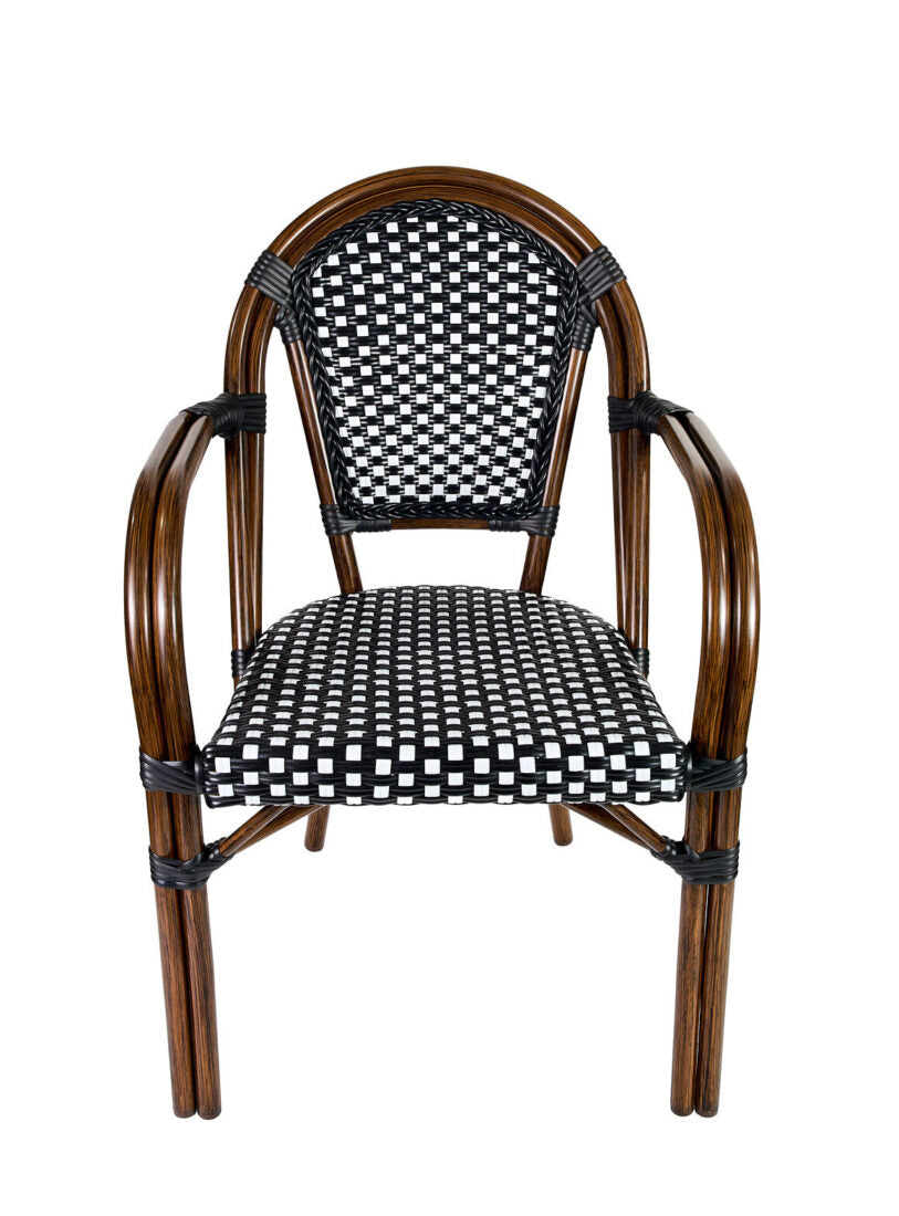 Black and White Bistro Chairs with Arms Back Front CBPABLA-AX-T