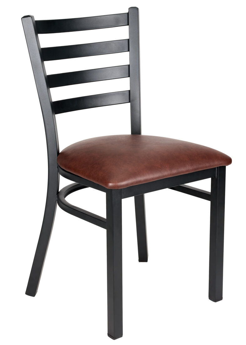 Ladder Back Restaurant Chair with Black Metal Frame and Brown Vinyl Seat