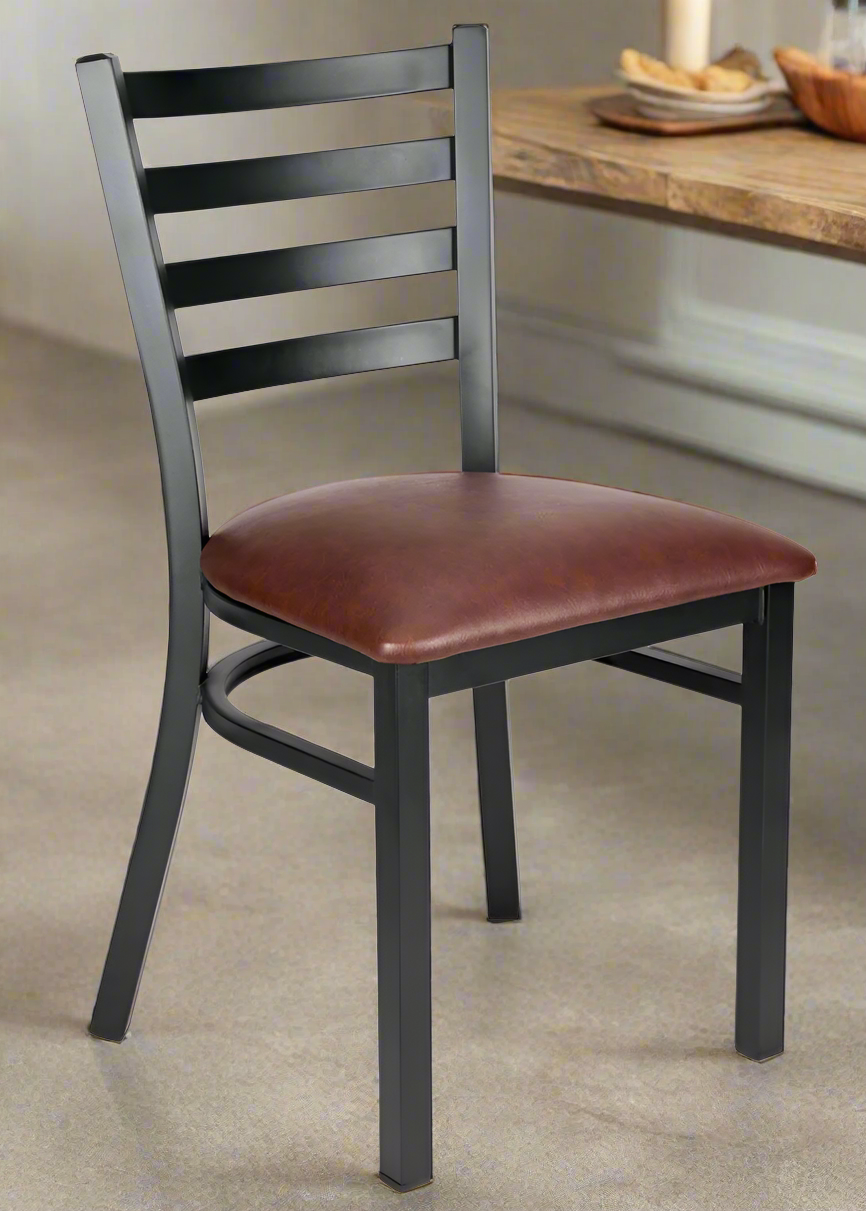 Ladder Back Restaurant Chair with Black Metal Frame and Brown Vinyl Seat