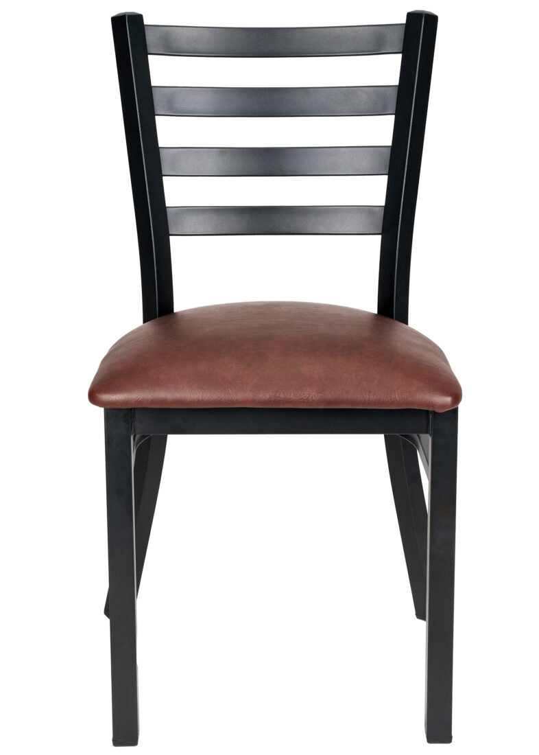 Ladder Back Restaurant Chair with Black Metal Frame and Brown Vinyl Seat