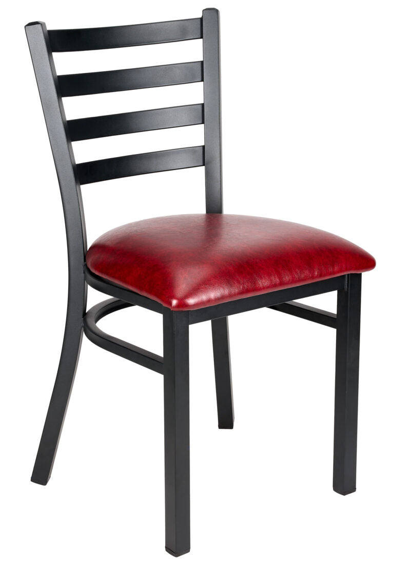 Ladder Back Restaurant Chair with Black Metal Frame and Burgundy Vinyl Seat