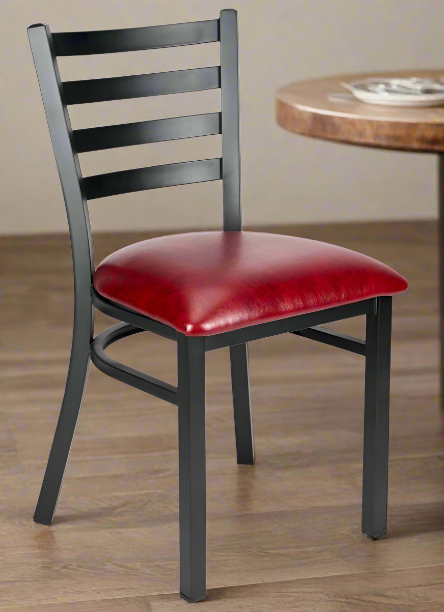 Ladder Back Restaurant Chair with Black Metal Frame and Burgundy Vinyl Seat