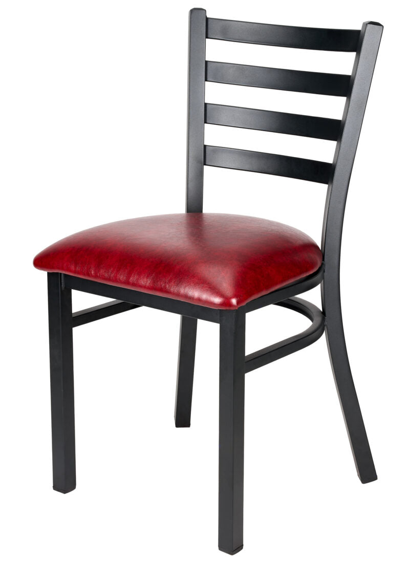 Ladder Back Restaurant Chair with Black Metal Frame and Burgundy Vinyl Seat