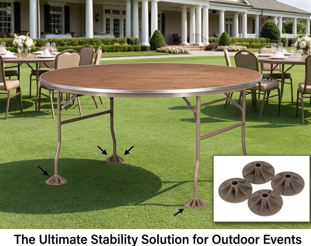 Round banquet table on a clubhouse lawn with ChairMates Anti-Sink Table Feet fitted to each leg