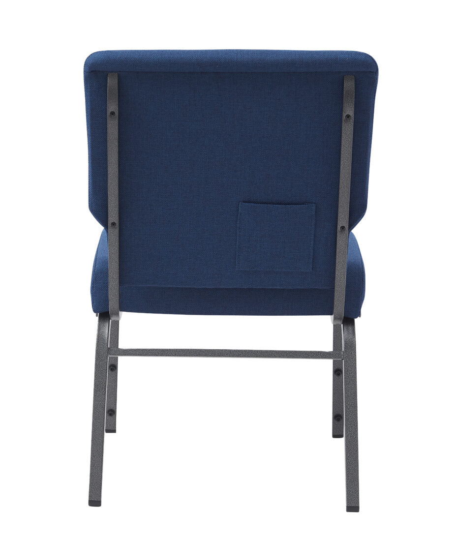 Church Chair - Blue (Cobalt) Fabric on Silver Vein Frame, 20.5" Wide Seat, 4" Thick Seat with Cut Away Back and Pouch CH20BLSV-ZF-T