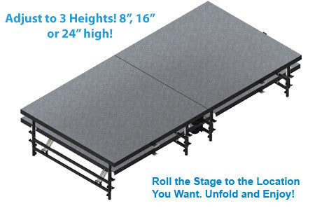 Staging 101 FSFPC1 and FSFW 4ft x 8ft 8in 16in or 24in height adjustable folding stage in carpet finish FSFPC1