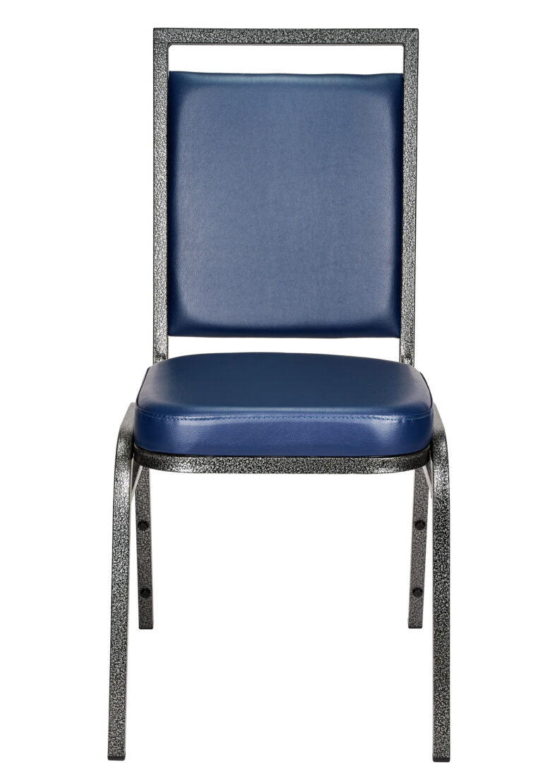 Navy Blue Vinyl on Silver Vein Steel Frame Square Back Banquet Chair by Chivari CQSVBLU-ZF-T