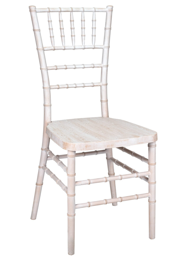 White Distressed with Brushed Wood Look Resin Steel Skeleton™ Chiavari Chair