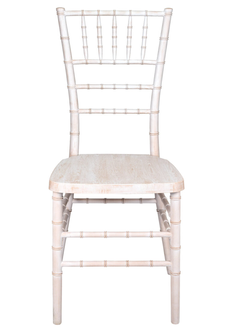 White Distressed with Brushed Wood Look Resin Steel Skeleton™ Chiavari Chair