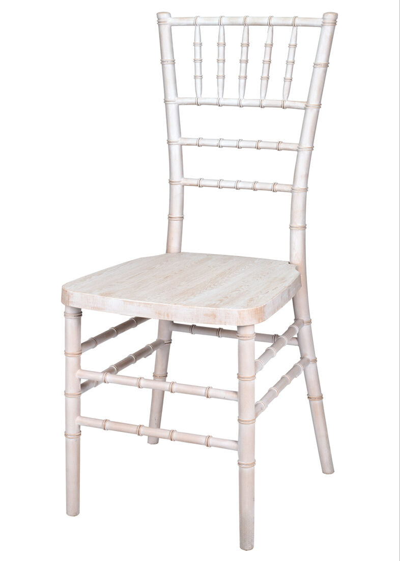 White Distressed with Brushed Wood Look Resin Steel Skeleton™ Chiavari Chair