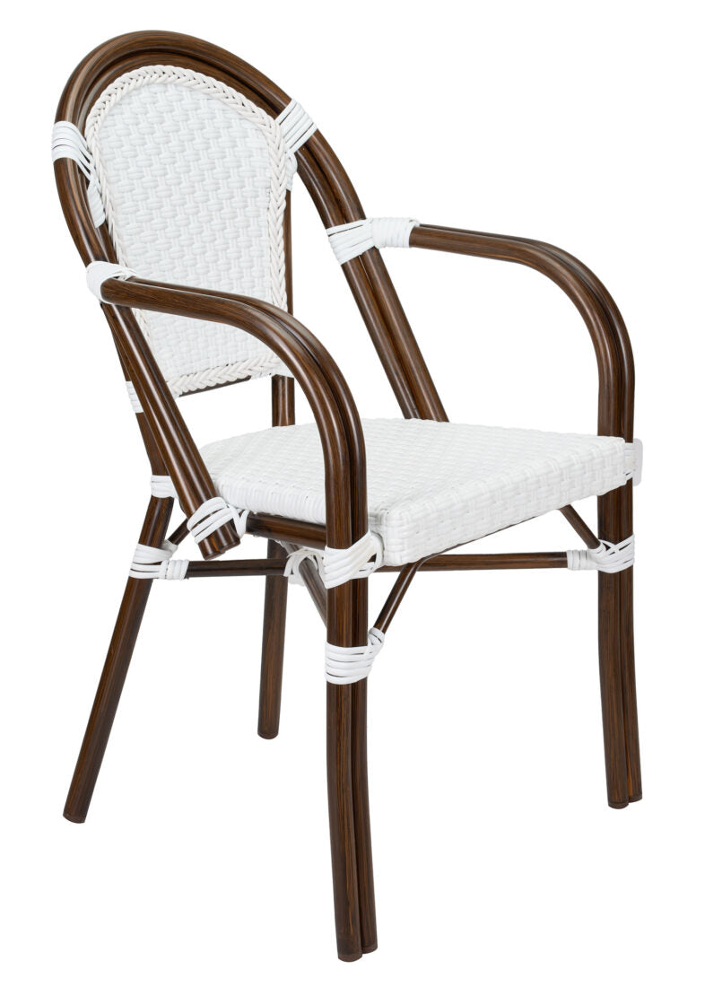 White on White French Bistro Patio Dining Chair with Arms