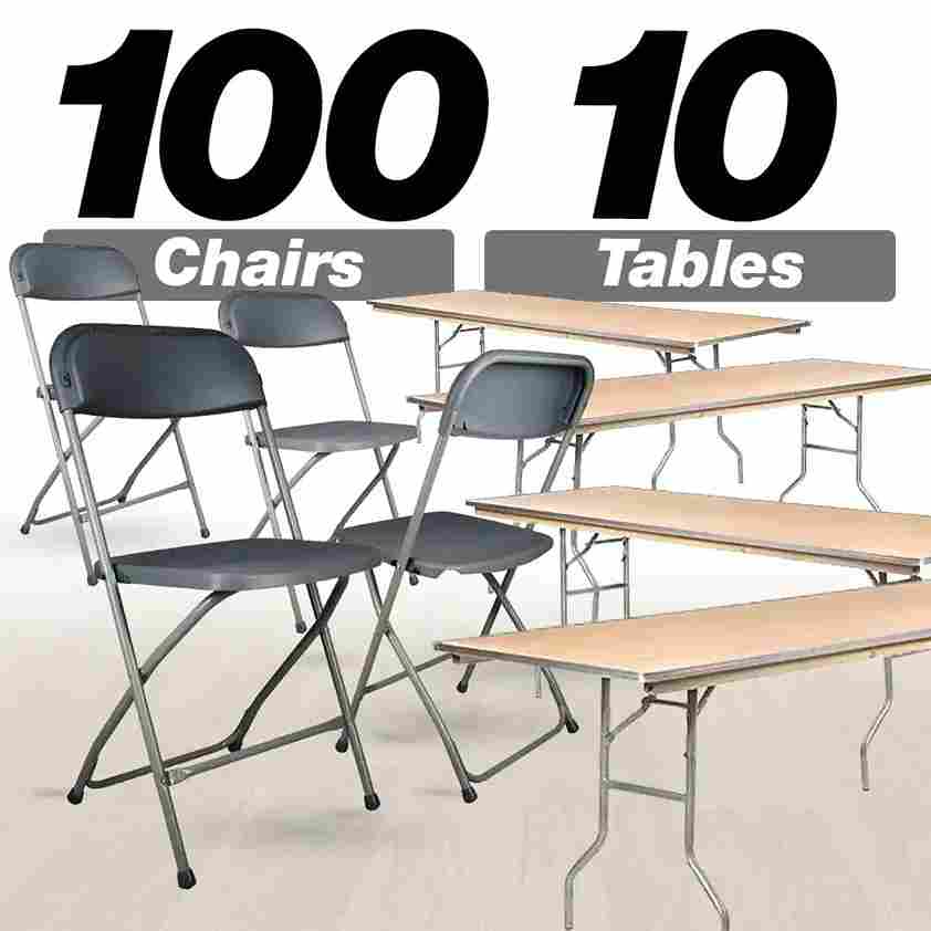 Chivari 100 Pack Black Plastic Folding Chair and 10 96" (8 Foot) Rectangular Plywood Banquet Table CFPB-100PLY96-KT