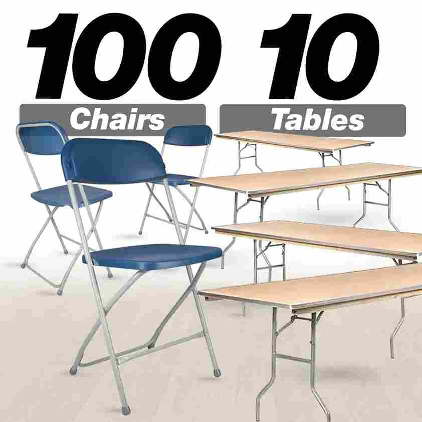 Chivari 100 Pack Blue Plastic Folding Chair and 10 96" (8 Foot) Rectangular Plywood Banquet Table CFPBLU-100PlY96-KT