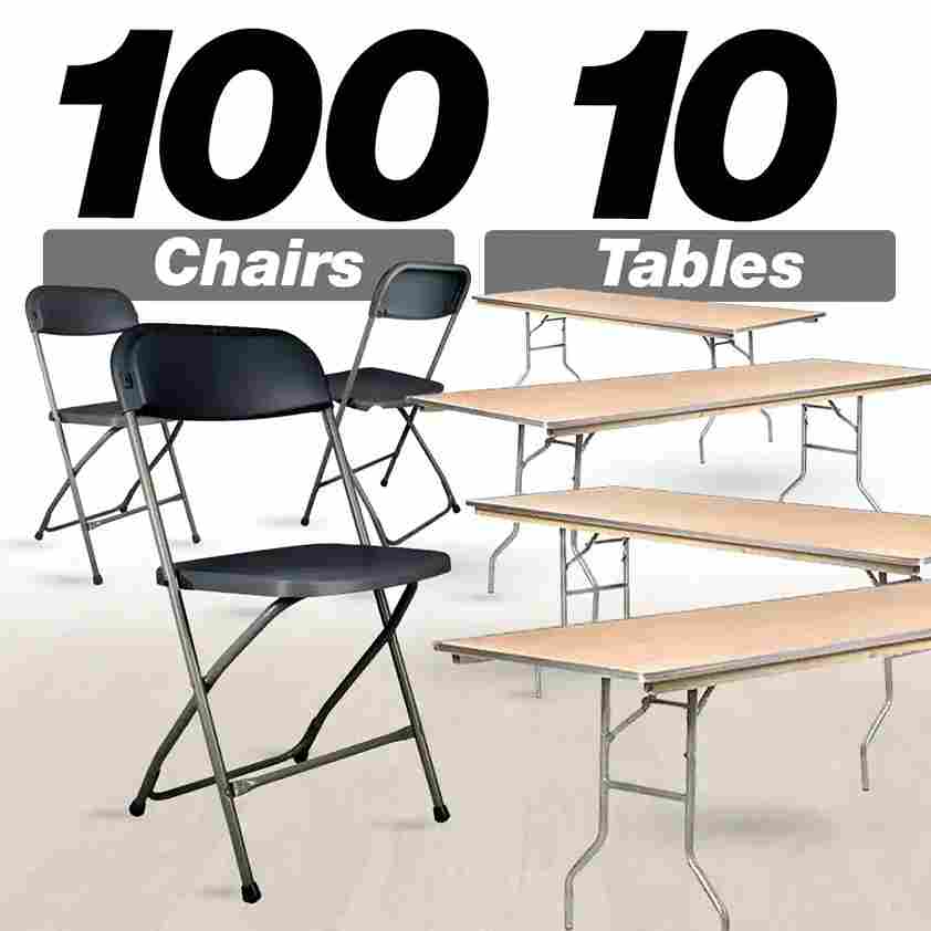 Chivari 100 Pack Dark Gray Plastic Folding Chair and 10 96" (8 Foot) Rectangular Plywood Banquet Table CFPGD-100PLY96-KT