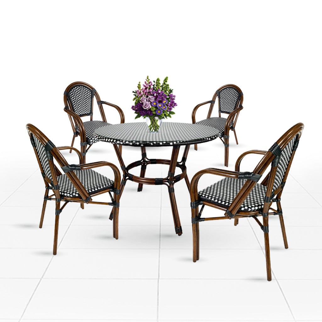 Toulouse Black and White French Bistro Set Includes 40" Table and 4 Chairs with Arms FBK-BLA-ABLA4-AX