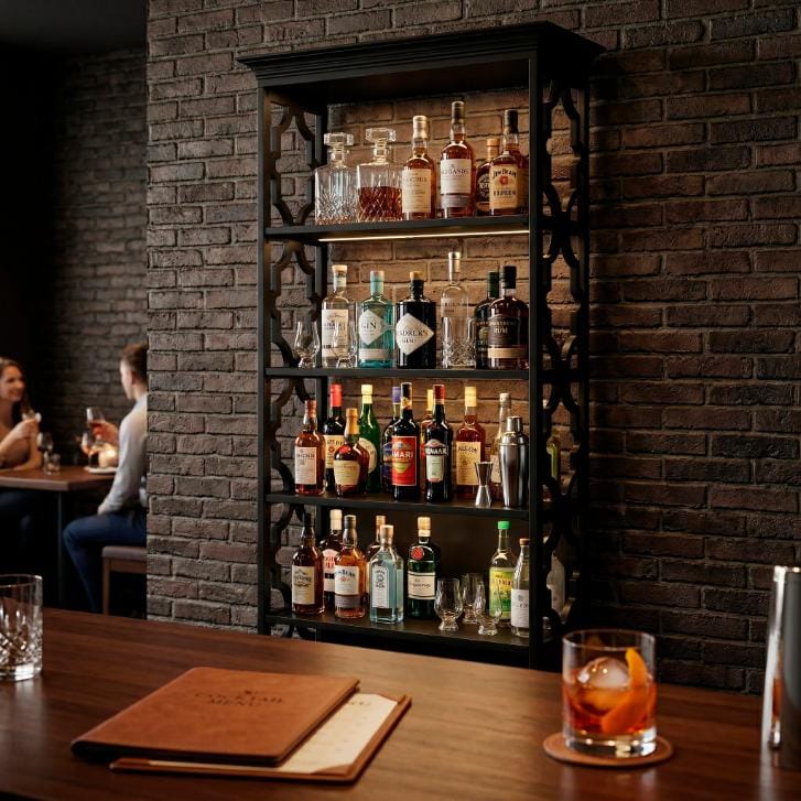 Chivari Black Back Bar Shelving Unit 88" Tall - Moroccan Style 4 Tiers BAR-BACK-MRBL-KT-AX