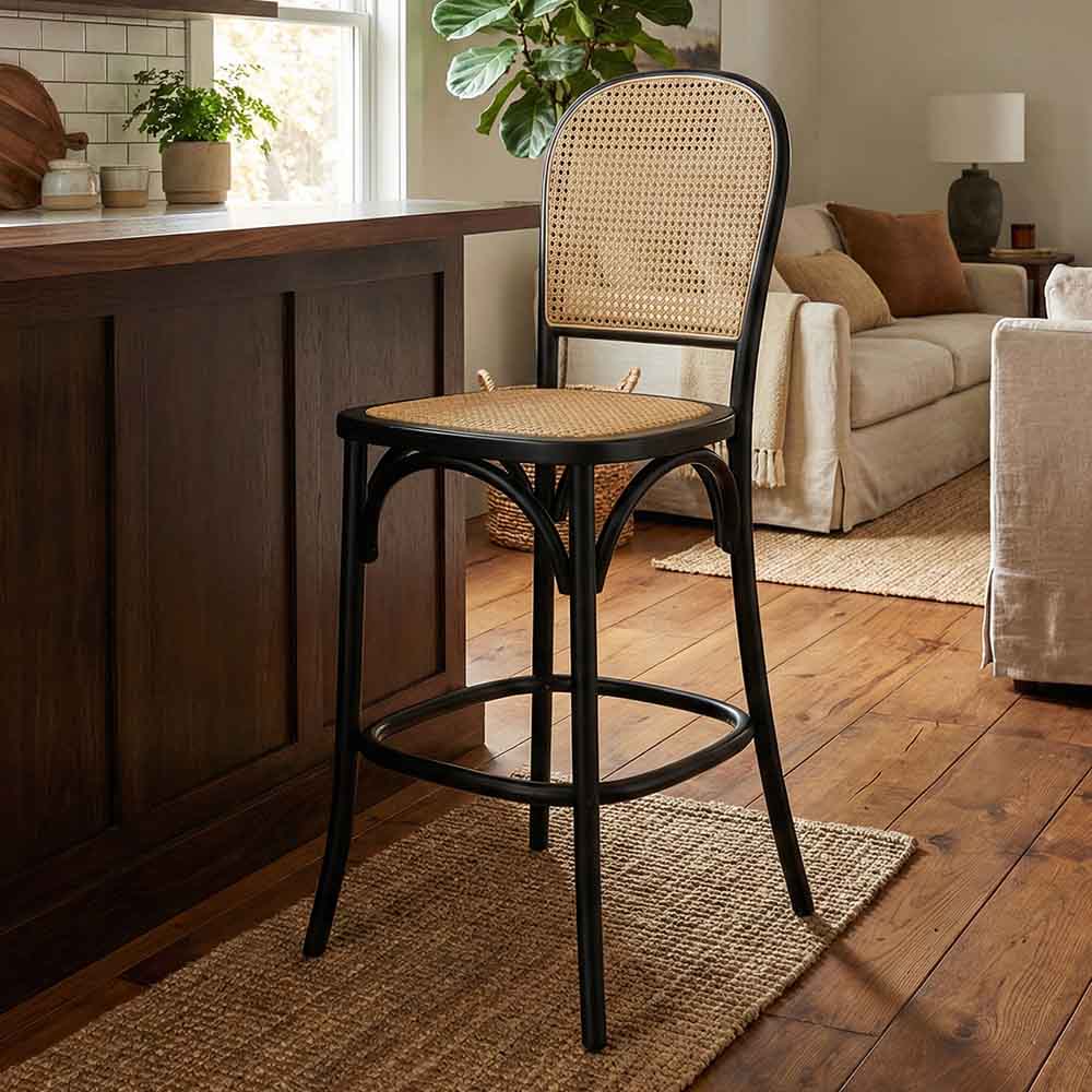 Chivari Black Natural Bent Cane Wood Barstool with Natural Back and Rattan Seat BBCWBN-ZG-T