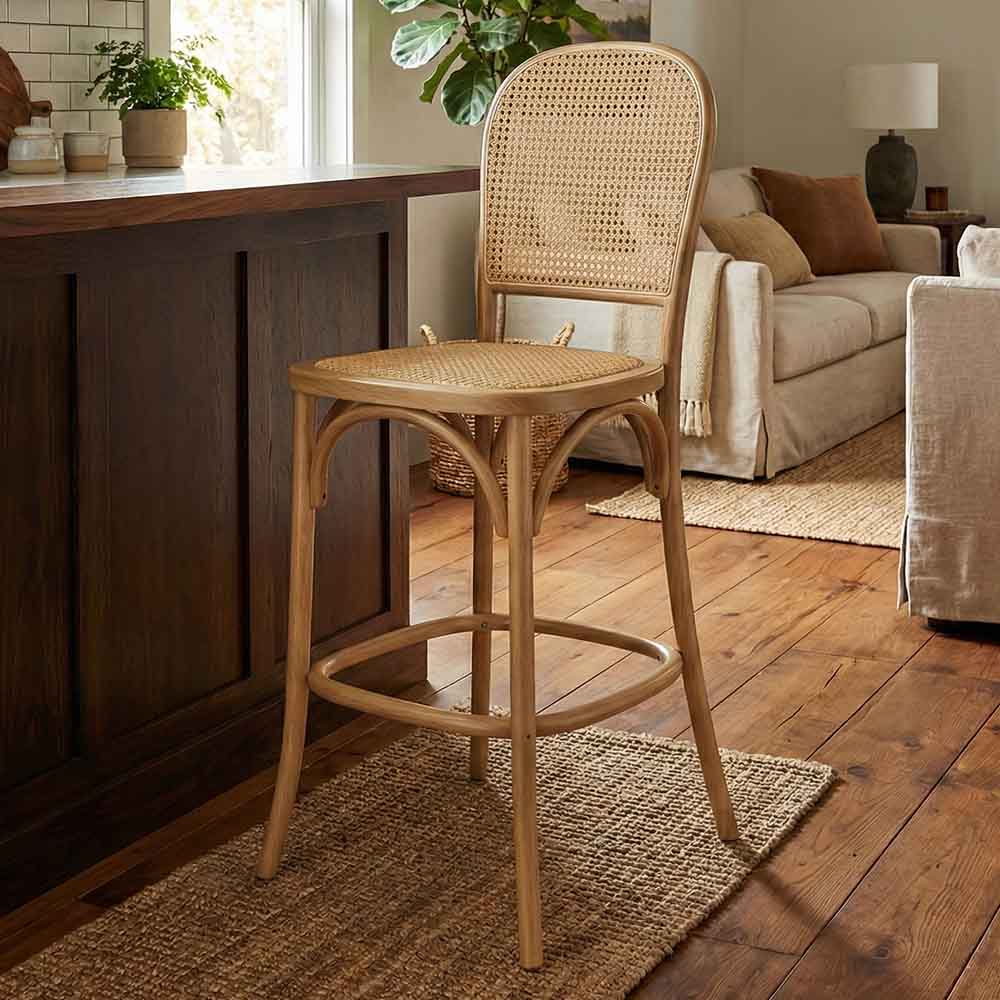 Chivari Natural Bent Cane Wood Barstool with Cane Back and Rattan Seat BBCWNN-ZG-T