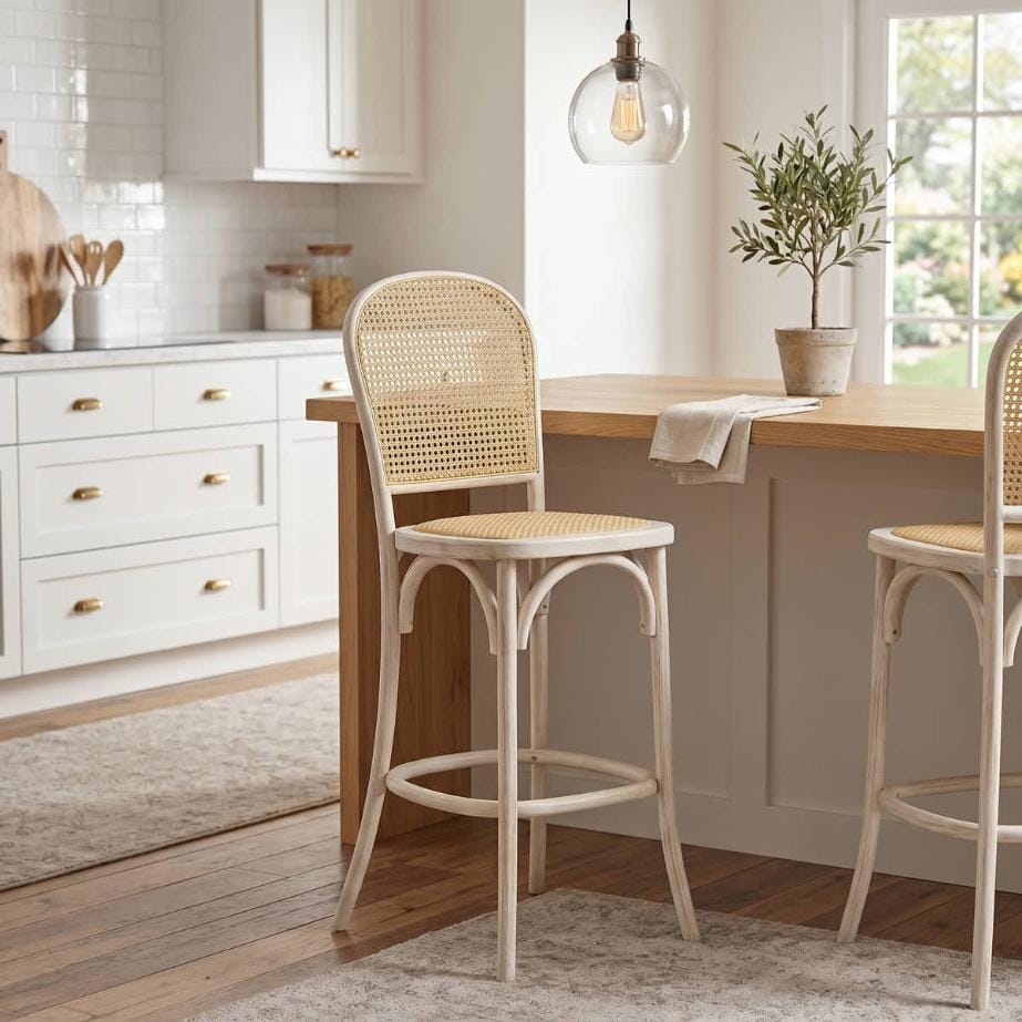 Chivari White Distressed Natural Bent Cane Wood Barstool with Rattan Seat BBCWWDN-ZG-T