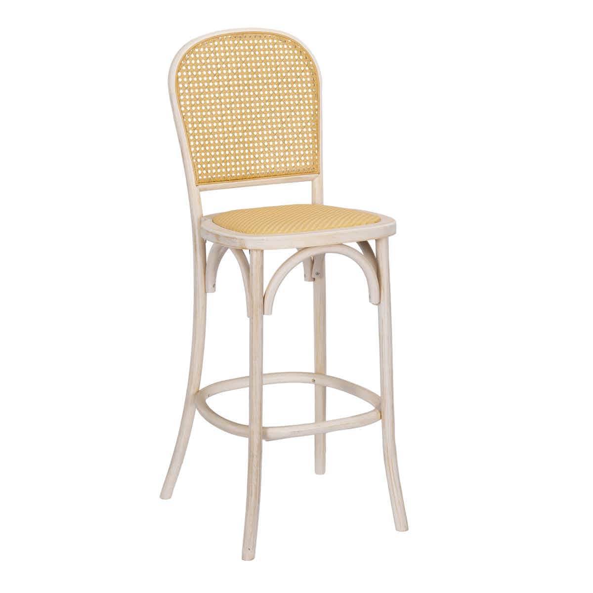Chivari White Distressed Natural Bent Cane Wood Barstool with Rattan Seat BBCWWDN-ZG-T