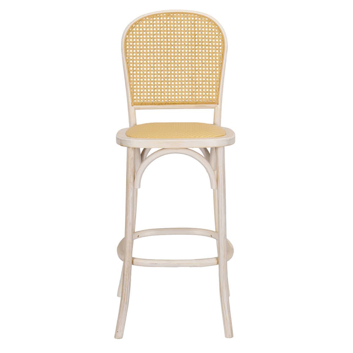 Chivari White Distressed Natural Bent Cane Wood Barstool with Rattan Seat BBCWWDN-ZG-T