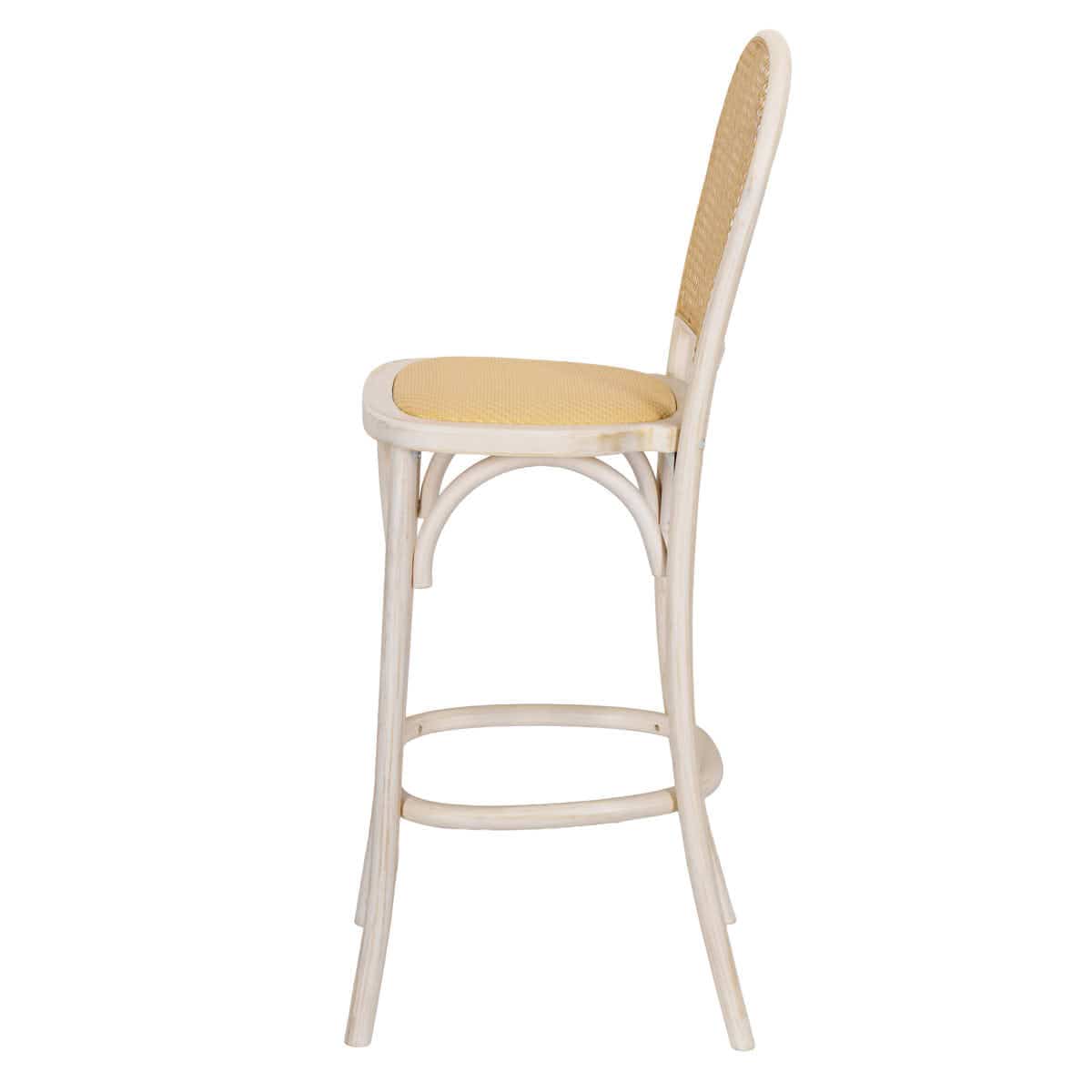 Chivari White Distressed Natural Bent Cane Wood Barstool with Rattan Seat BBCWWDN-ZG-T