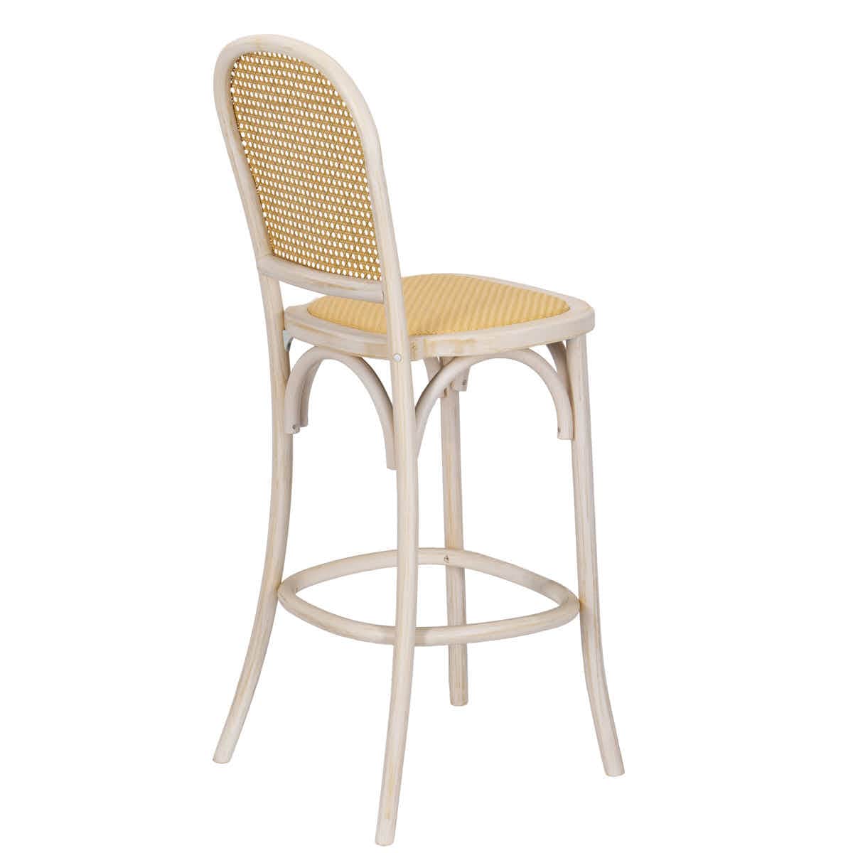 Chivari White Distressed Natural Bent Cane Wood Barstool with Rattan Seat BBCWWDN-ZG-T
