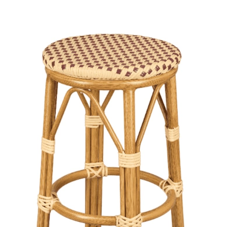 Chivari Beige on Maroon 26" Counter Height PE Rattan No Back Bistro Barstool BCNBPWM-AX-T