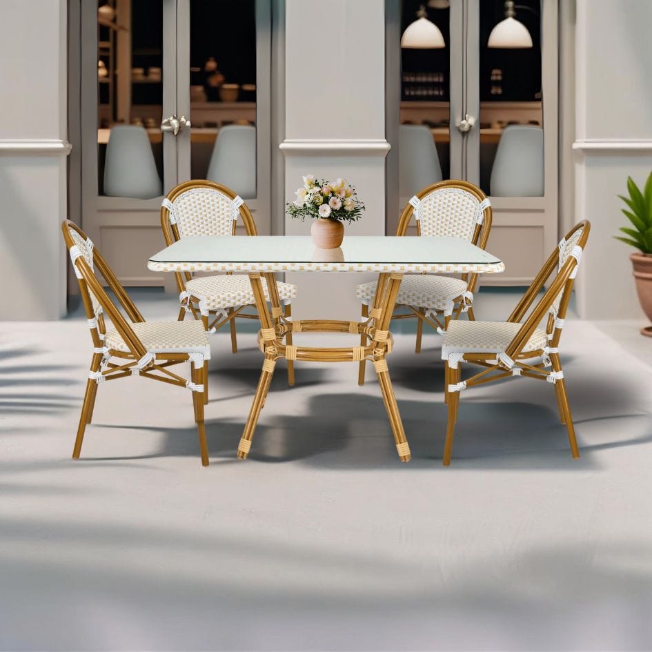 Toulouse White and Beige French Bistro Set Includes  48" x 36" Table and 4 Chairs FBK-SQ-WB-WB4-AX