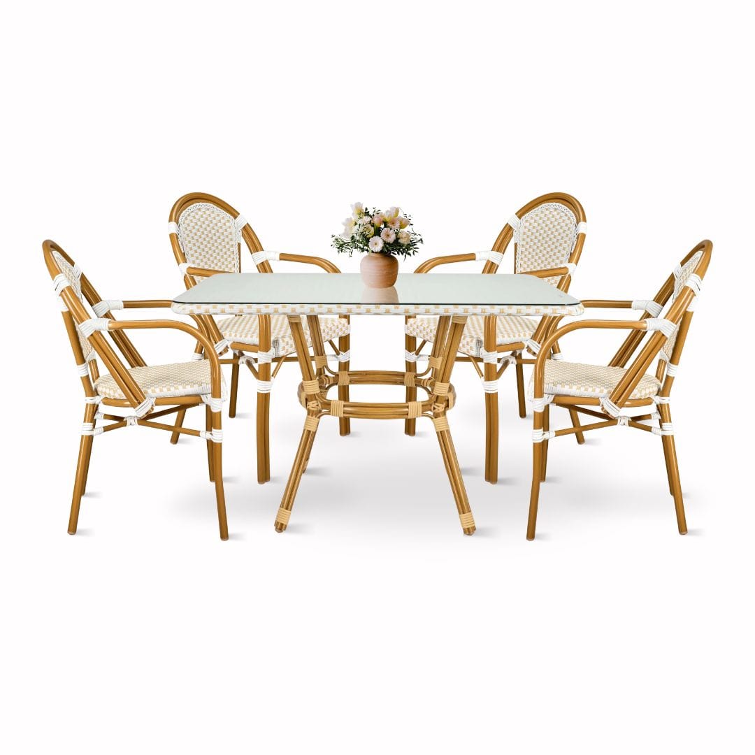 Toulouse White and Beige French Bistro Set Includes  48" x 36" Table and 4 Chairs with Arms FBK-SQ-WB-AWB4-AX