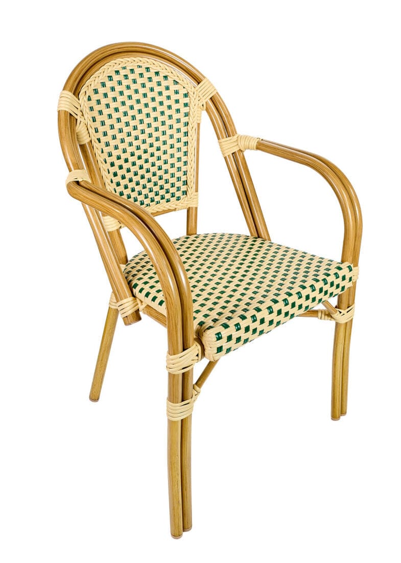 Toulouse Beige and Green French Bistro Set Includes 40" Table and 4 Chairs with Arms FBK-BG-AW4-AX