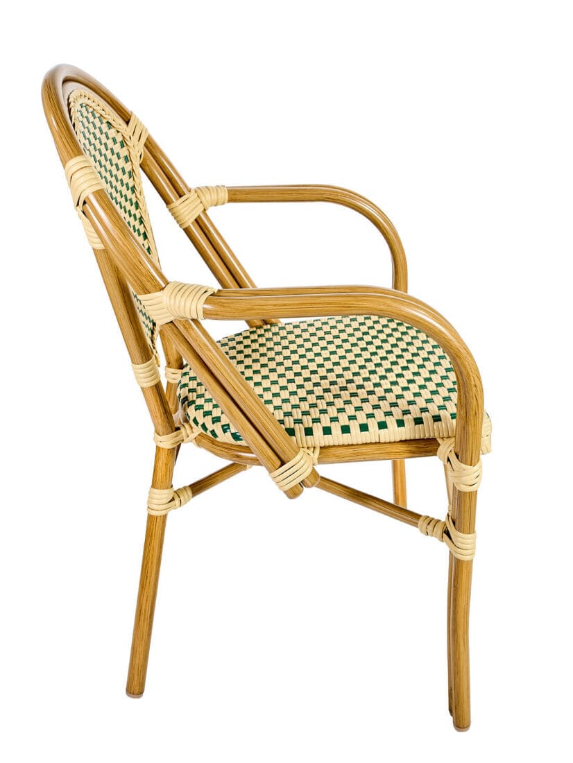 Toulouse Beige and Green French Bistro Set Includes 40" Table and 4 Chairs with Arms FBK-BG-AW4-AX