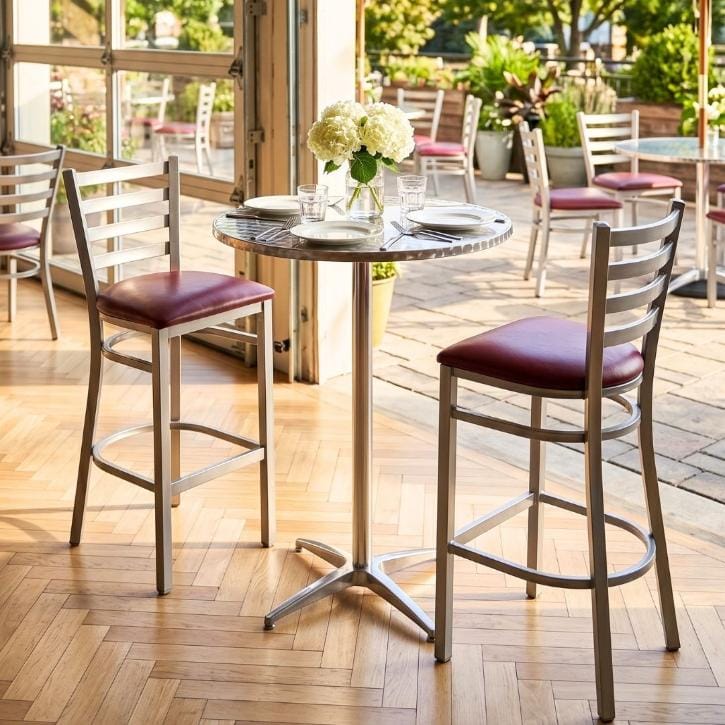 Chivari Ladder Back Bar Stool with Silver Frame and Burgundy Vinyl Seat BLMSVBU-ZF-KT