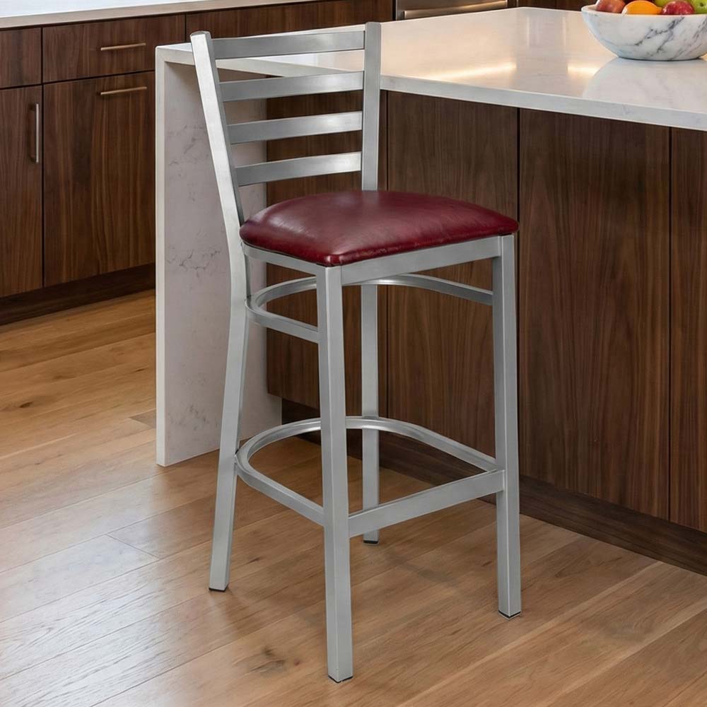 Chivari Ladder Back Bar Stool with Silver Frame and Burgundy Vinyl Seat BLMSVBU-ZF-KT